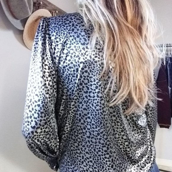 Vintage Blouse Black silver Metallic High Neck - Picture 7 of 8